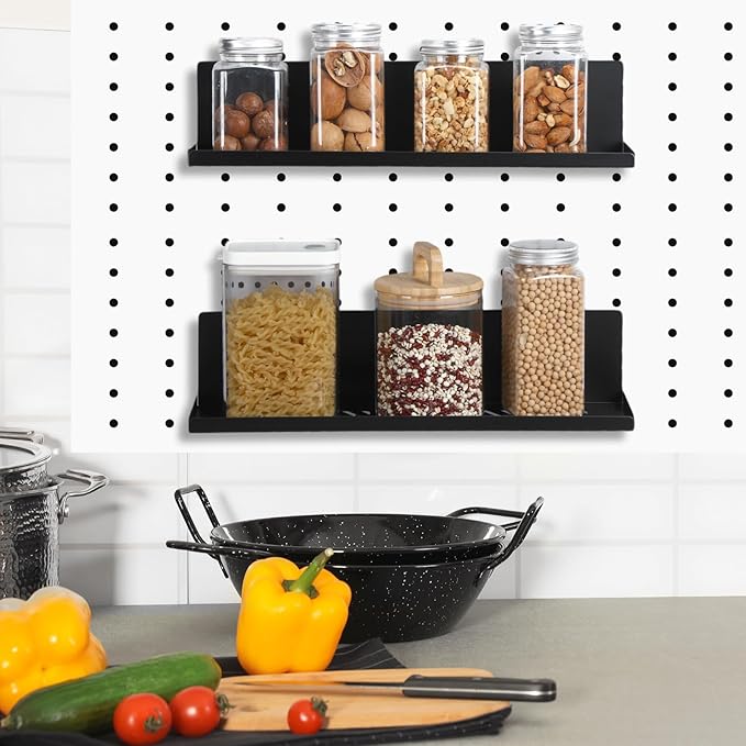 Therwen 4 Pack Magnetic Pegboard Shelves Wall Organizer Metal Pegboard Shelf Steel Tray Accessories Organizing Tools for Craft Home Kitchen(16 x 4.7 x 3.5 Inches,Black)