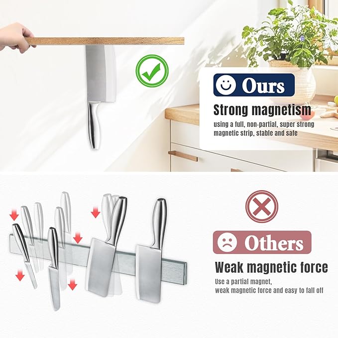 Dmore magnetic knife holder for wall—with 5 hooks, No Drilling 12 Inch Wood knife magnetic strip, Extra Strong Magnet knife rack, include Adhesive Tape and screws for Knives and Tools