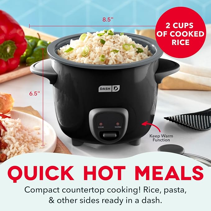 Dash Mini Rice Cooker | Small Rice Maker, 2 Cups Cooked / 1 Cup Uncooked, Ceramic Nonstick Removable Pot, Keep Warm Function, Compact and Portable for Dorm, Travel, Single Serve, Black