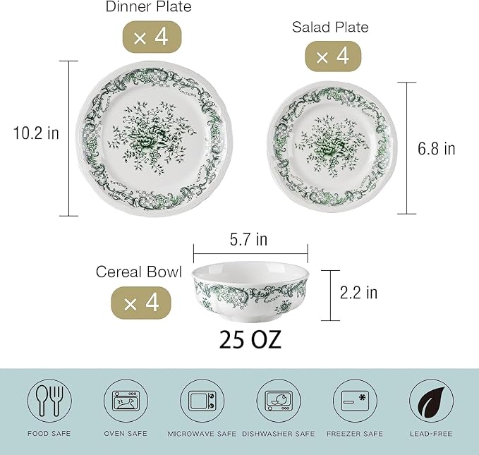 Ceramic Dinnerware Set 12-Piece Scalloped Edge Dish Set for 4 Vintage Floral Elegant Kitchen Dinner Plates Bowls for Daily Use & Party Microwave & Dishwasher Safe