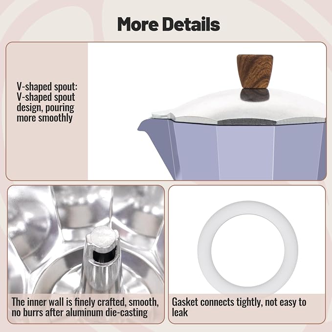 6 Cup Aluminum Moka Pot Classic Stovetop Espresso Coffee Maker 300ml 10oz Coffeemaker Percolator Mocha Pot Greca Coffee Maker Cafe Makers for Italian and Cuban Café Brewing Purple