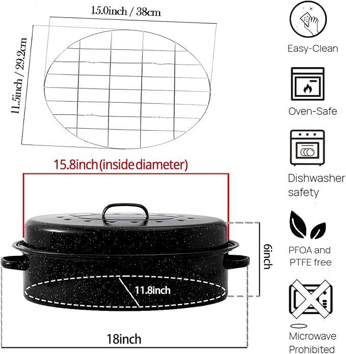 Oval Roasting Pan with Lid and Rack 18" Large Roaster Pan Set Comes With Lron Rack Enamel Cook Ware Dishwasher Compatibility Granite Oven Roaster
