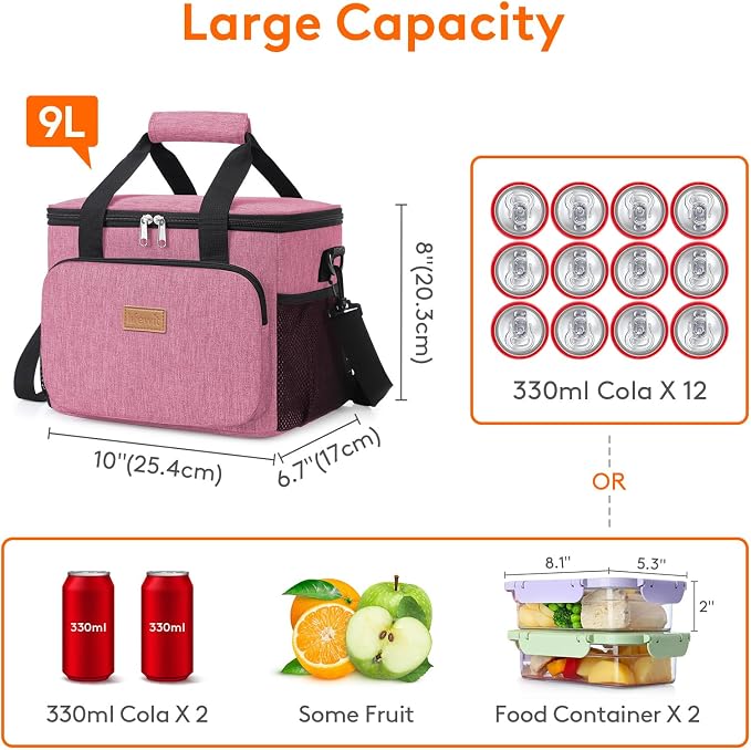 Lifewit Medium Lunch Bag, Insulated Lunch Box, Soft Cooler Cooling Tote for Adult Men Women, Pink 12-Can (9L)