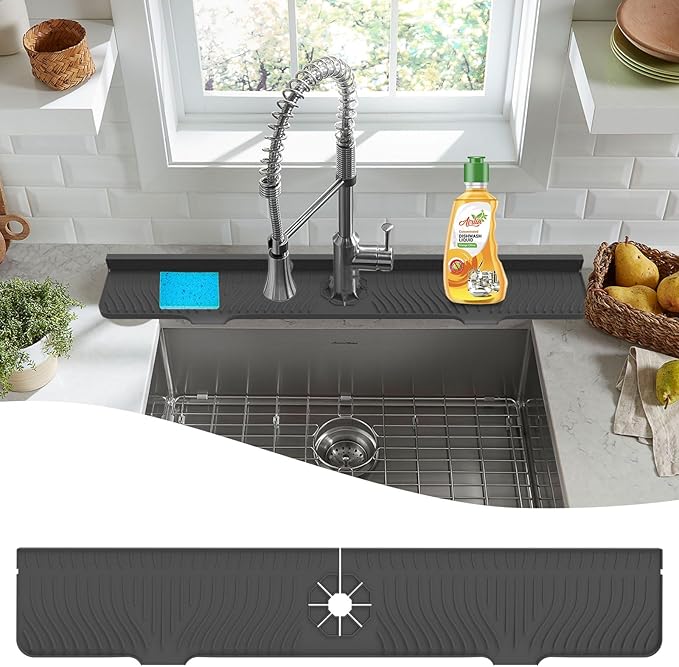 LVJING 33 inch Sink Splash Guard Mat, Sink Faucet Drying Mat, Silicone Faucet Handle Drip Catcher Tray, Longer Silicone Sink Mat for KitchenBathroom, Drip Protector Splash Countertop (Black)