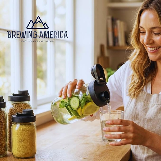 Brewing America Glass Mason Jar Pitcher with Lid - Azure Standard Jars, 1 Quart (32 oz) with Black Wide Mouth Pour Lid, for Smoothie, Boba Cup, Sun Tea, Cold Coffee Glass Tumbler, 2-Pack