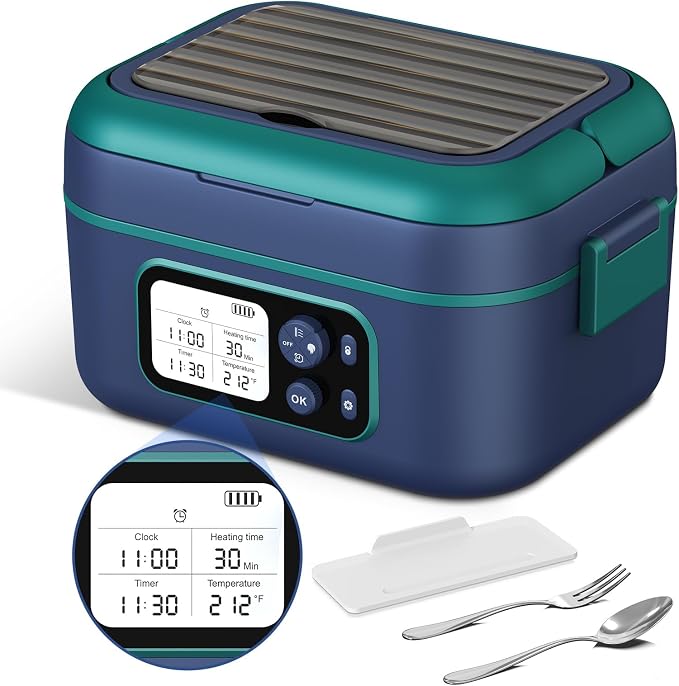 Cordless Electric Heated Lunch Box, 1.5L - 6.3 Cups 100W Rechargeable Smart Self-Heating Food Warmer with Removable Divider, Spoon, Fork, BPA Free, Portable Lunchbox for Car Travel Office Blue