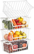 SUNALLY Stackable Storage Bins 4 Pcs Wire Baskets for Pantry Organizers and Storage, Vegetable Fruit Storage Basket for Countertop Organizer,Kitchen Baskets for Onion Potato Snack Cans Storage,White