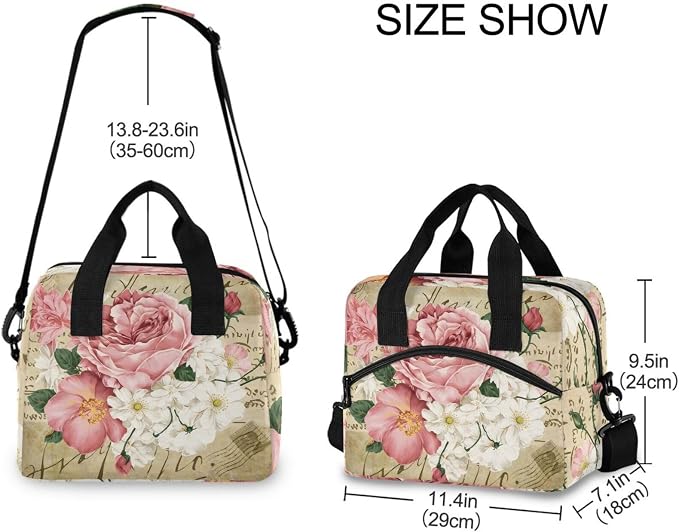OREZI Lunch Bag for Girls Women,Vintage Shabby Chic Pink Rose Floral Lunch Box Container with Detachable Shoulder Strap,Insulated Lunch Coolers for School Office