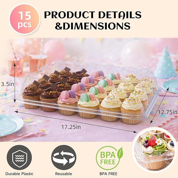 WIKDAY (24 Count x 15 Sets Plastic Cupcake Containers with Liners, Clear Cupcake Holder with Lids, Disposable Cupcake Carrier for Bakery, Cupcake Storage Box for Parties, Bake Sale Packaging