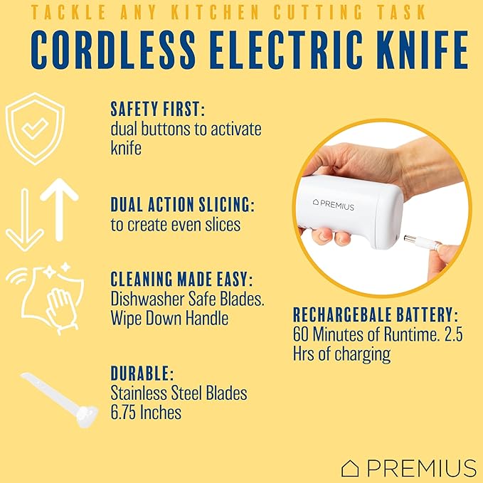 Professional Cordless Rechargeable Easy-Slice Electric Knife, Reciprocating Serrated Stainless-Steel Blades, Safety-Lock Trigger Release, Carving Meats, Turkey, Breads, Fruit, Crafting Foam, White