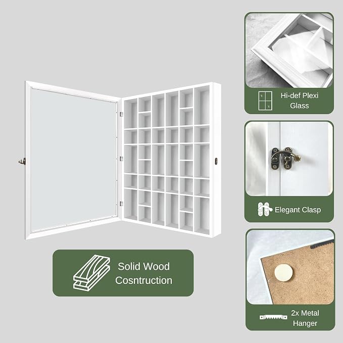 Shot Glass Display Cabinet Solid Wood - Large Display Case for Collectibles | Man Cave Accessories | UV Protection Acrylic Door | Wall Mounted Black Shadow Box | 36 Divided Slots (26 x 18 White)