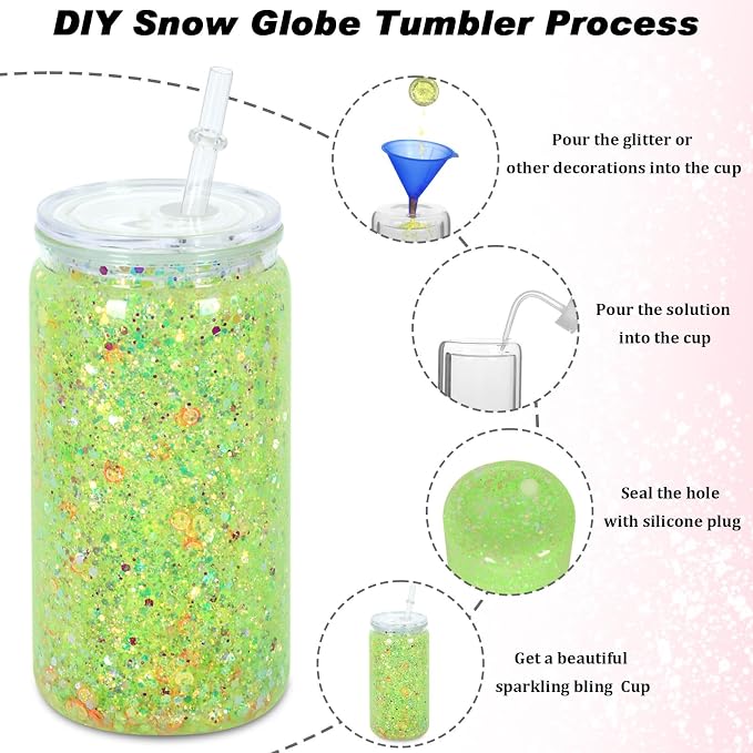 16 oz Plastic Snow Globe Tumbler, 4 Pack Double Wall Snowglobe Tumbler with Pre Drilled Hole, Plastic Mason Jar Cups Can for Snow Globe Glitter DIY (Clear)
