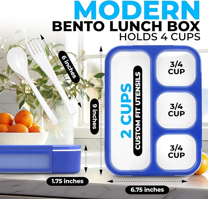 kinsho Bento Lunch Box for Kids Boys Adults, Portion Control Meal Container with 4 Divided Compartments, BPA Free Snackle Snack Food Container for School Work Travel, Utensils, Blue