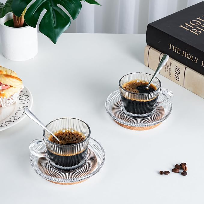 Glass Espresso Shot Cups with Saucers Set of 6, Clear Small Demitasse Cup with Stainless Steel Spoons, Dishwasher Safe Coffee Mugs for Tea Hot Chocolate Cappuccino, 5OZ/150ML, Stripe