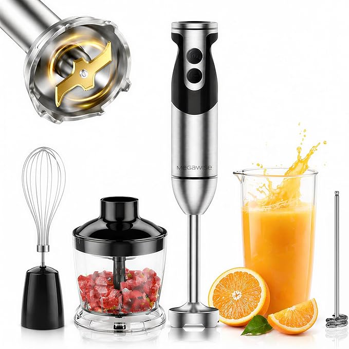 MegaWise Pro Titanium Reinforced 5-in-1 Immersion Hand Blender, Powerful 400W with 80% Sharper Blades, 12-Speed Corded Blender, Including 500ml Chopper, 600ml Beaker, Whisk and Milk Frother (Black)