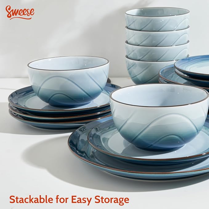 Sweese Porcelain Dinnerware Sets for 6, 18 Pieces Plates and Bowls Sets, Handcrafted Minimalist Dinner Set, Chip and Scratch Resistant Dish Set, Dishwasher & Microwave Safe, Ocean Blue