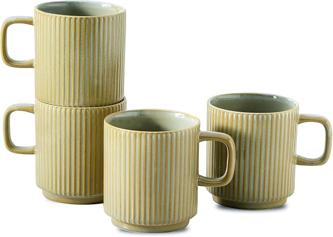 Coffee Mugs Set of 4, Ceramic Ribbed Tea Coffee Cups with Handle, Large Porcelain Mug for Americano, Latte, Cappuccino, Hot Chocolate, Grey