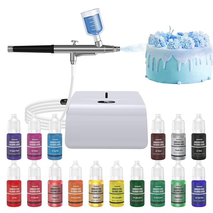 Cake Decorating Kit with Compressor, Cookie Airbrush with 12 Food Coloring Liquids and 4 Metallic, Food Airbrush Set for Dessert, Cupcakes Decorating
