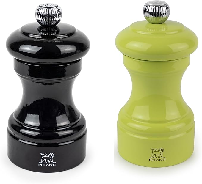 Peugeot Bistro Pepper and Salt Mill Set, 4in - Beechwood Mills with Adjustable Grinding - For Peppercorns and Rock Salt, Corrosion-Resistant - Essential Kitchen Tools (Black/Pistachio)