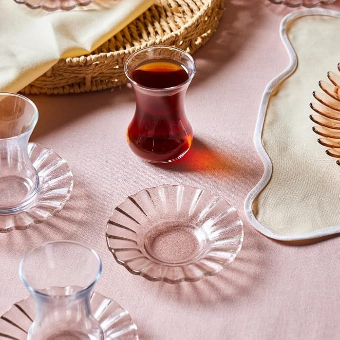 Karaca Luna 12-Piece Turkish Tea Cups for 6 People, 4.4 fl oz Turkish Tea Glasses Set with Elegant Light Brown Glass Saucers