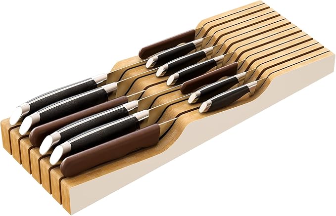 Knife Drawer Organizer, Bamboo Wood Knife Organizer Drawer Insert, Brown Knife Block Fit for 13 Knives