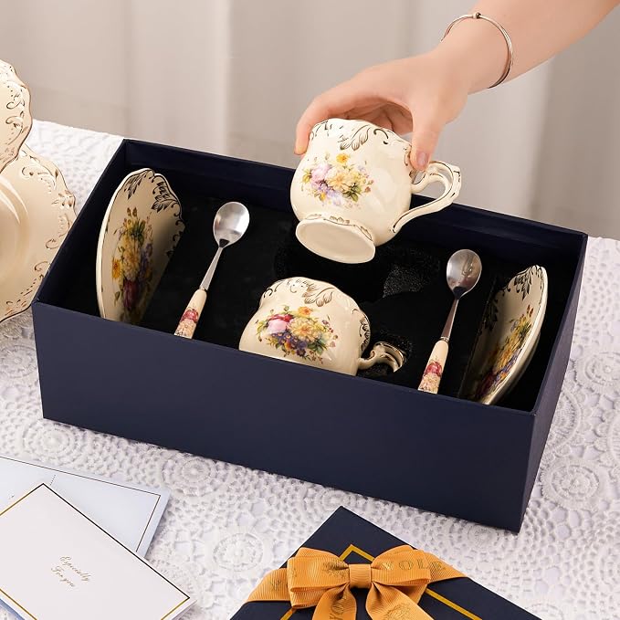 YOLIFE Tea Cups and Saucers Set of 2, Vintage Porcelain Tea Cups Set Floral with Gold Leaves Trim Design - 8 oz (Flowering Shrubs with Gift Box(no stand))