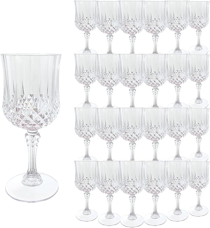 Plastic Wine Glasses, Plastic Goblets Vintage Style Cordial Unbreakable Drinking Glasses, Reusable Drinkware for Wedding Reception, Grand Event Party Supplies (24, Transparent)