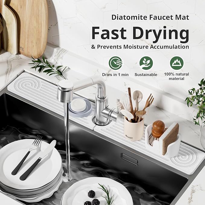 Quick Dry Sink Splash Guard - 23.6" Water Absorbing Stone Drying Tray - Faucet Mat for Kitchen, Bathroom, and Laundry Room - White
