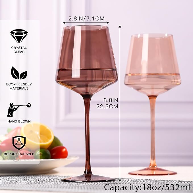 Brown Wine Glasses Set of 6-18oz【Original Hand Blown】 Colored Wine Glasses with Tall Long Stems and Flat Bottom, Amber Colored Glassware-Unique Gifts for Wine Lovers-Wedding Gifts