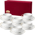 BTaT- Cappuccino Cups with Saucers 7 oz with Gift Box, Set of 6, White Porcelain Coffee Cup and Saucer Set for Latte with Golden Trim Design, Dishwasher Safe, Mocha, Tea, Au Lait, Flat White