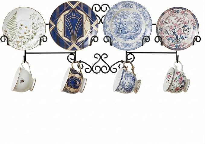 MyGift Vintage Scrollwork Black Metal Wire Tea Coffee Cup and Saucer Set Rack, Wall Mounted Decorative Display Shelf Holds Up to 4 Collectible Plates & Mugs