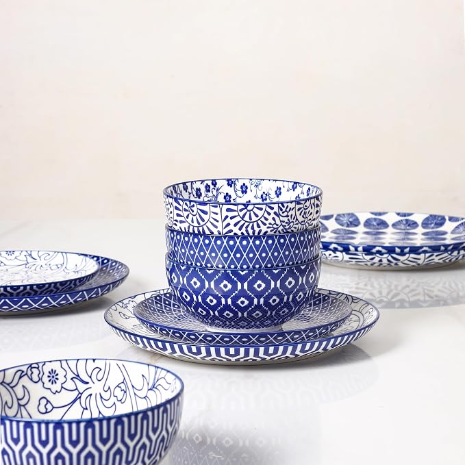 Selamica Ceramic Plates and Bowls Sets,18 Pieces Retro Floral Dinnerware Sets for 6,Dishwasher & Microwave Safe dish set,Family & Holiday Dining, Vintage Blue