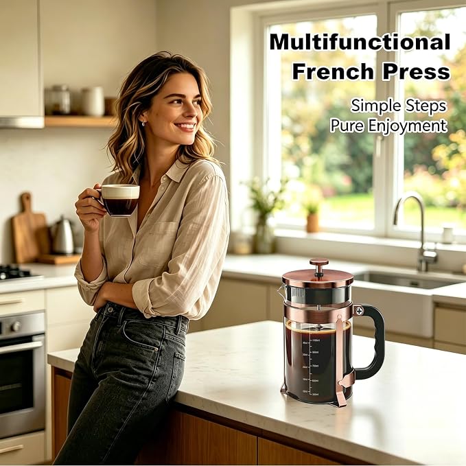 QUQIYSO French Press Coffee Maker, Large French Press with Thick Borosilicate Glass, 304 Stainless Steel Filter, Teapot & Coffee Maker for Home, Office, Party, 51oz, Copper