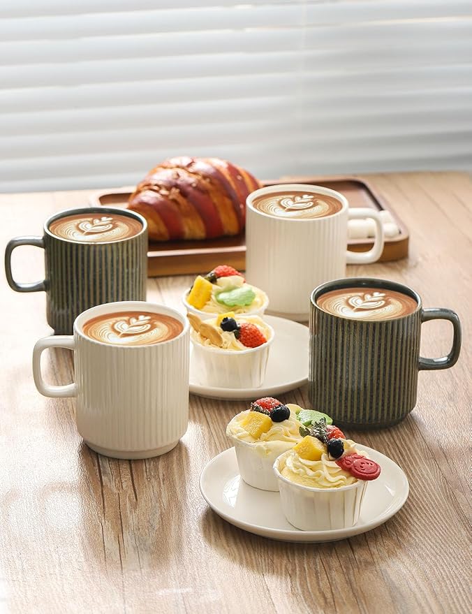Coffee Mugs Set of 4, Ceramic Ribbed Tea Coffee Cups with Handle, Large Porcelain Mug for Americano, Latte, Cappuccino, Hot Chocolate, Green