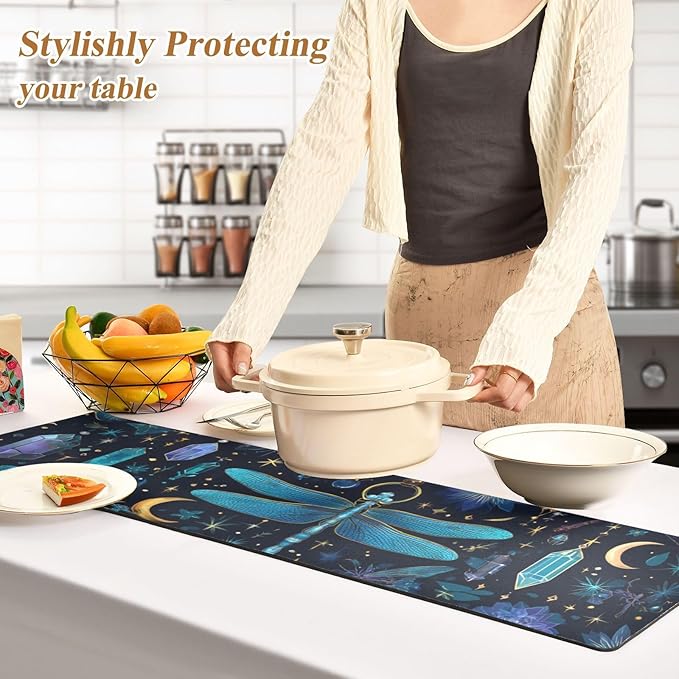 Dark Blue Dragonflies Stars Moons Trivet Table Runner Heat Resistant 230F for Hot Dishes Pots Plates Kitchen Dining Table Protector Decorative 39.37 X 11.8 Inch