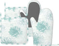 Oven Mitts and Pot Holders Dahlia Flower Pastel Vintage Silicone Kitchen Accessories Set of 4 Heat Resistant Long Gloves Potholder Non-Slip Grip for Chef Cooking Baking Grilling BBQ