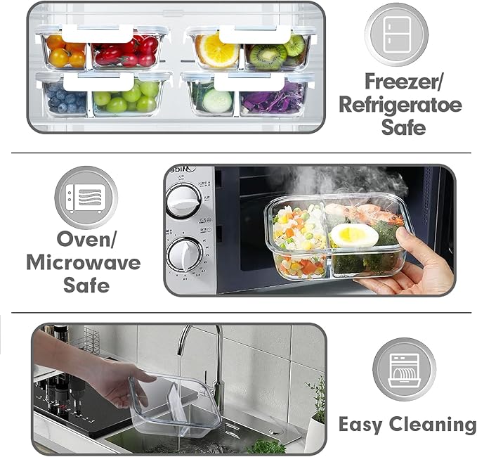 VERONES 10 Pack Glass Meal Prep Containers 2 Compartment Set, 30 OZ Airtight Glass Lunch Containers, Glass Food Storage Containers with Lids, for Microwave, Oven, Freezer & Dishwasher Friendly，White