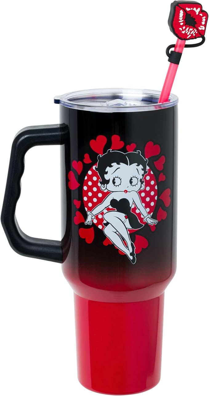 Silver Buffalo Betty Boop Core Cute Sitting Pose Hearts and Dots Stainless Steel Tumbler with Straw Cover Cap, Lid, Straw and Handle - 40 oz