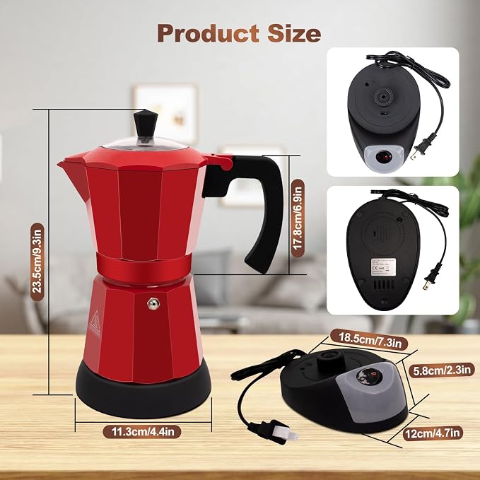 Electric Aluminum Moka Pot 3-6 Cup 150-270ml Espresso Maker with Detachable Base Ideal Coffee Makers for Home MochaPot Italian and Cuban Café Coffeemaker Espressomaker CoffeePot Red