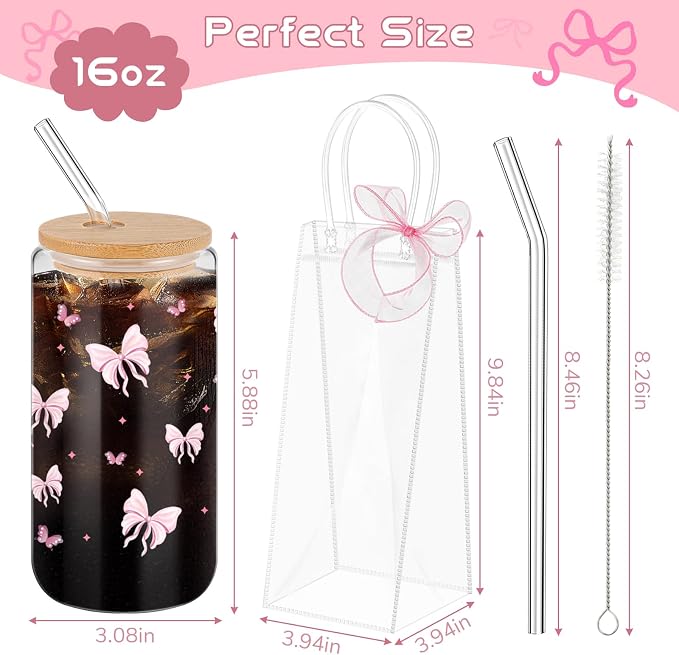 Mumufy 8 Sets Coquette Bow Glass Cups with Clear Gift Bag 16 oz Reusable Pink Iced Coffee Mugs Aesthetic Cute Tumbler with Lids and Straws, Gifts for Girls Women Bridesmaid
