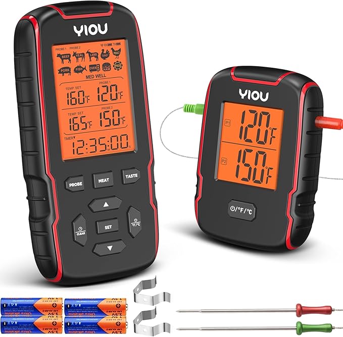 YIOU Wireless Meat Thermometer for Cooking, Digital Meat Thermometer with 2 Probes, 500FT Ultra Accurate & Fast Food Thermometer for Oven, Smoker, Red