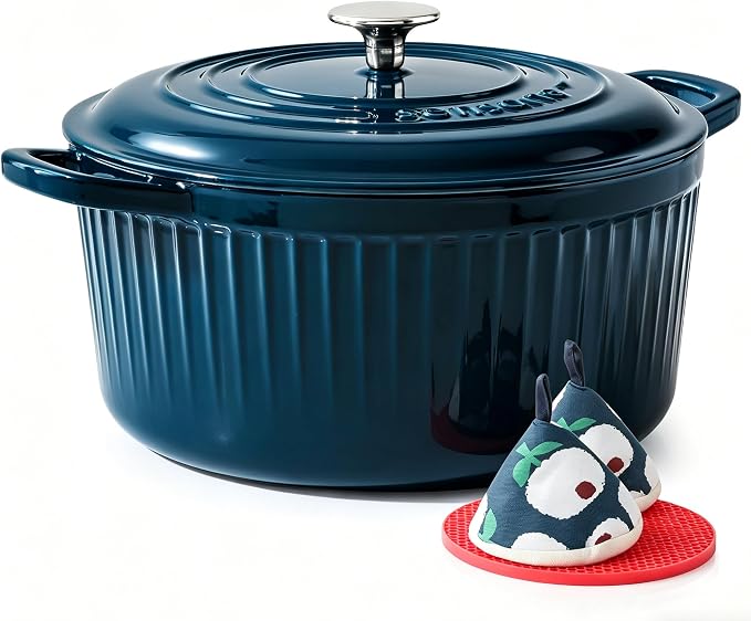 SENSARTE Enameled Cast Iron Dutch Oven Pot with Lid 3.5/5.5/6.5 Quart Heavy-Duty Round Dual Handles Kitchen Pot with Cotton Potholders & Silicone Trivet, Pot for Bread Baking, Stews, Braising, Roasting, Oven Safe, 3.5 Quart, Emerald Green