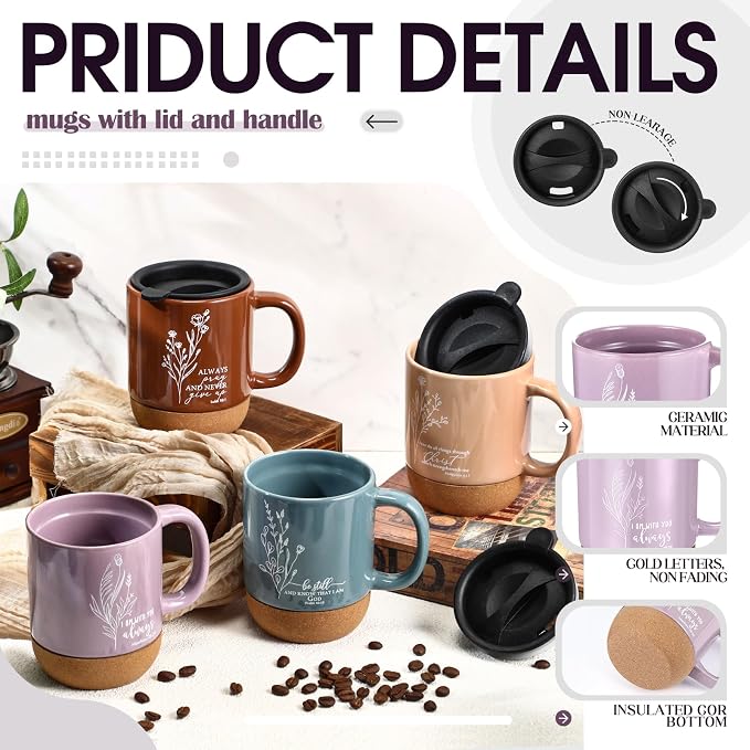 FillTouch 12 Pcs Christian Mug Gifts Bulk 15oz Religious Cup Cork Bottom Coffee Mug with Verse Inspirational Gift for Women Men Pastor Church Group Bible Study Member(Boho,Flower)