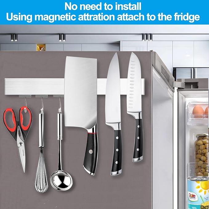 YIIYIIN 12 Inch Magnetic Knife Holder for Fridge with Magnetic Hooks -Double Sided Refrigerator Magnetic Knife Strip - 304 Stainless Steel Kitchen Utensil Holder/Hanger/Rack/Bar