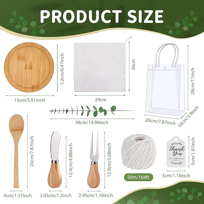 55Pcs Baby Shower Prizes for Game Winners 6 Sets Cheese Board Spoon Fork Butter Spreaders Plaid Towel Thank You Card and Gift Bags for Baby Shower Wedding Bridal Shower Favors (Round Shaped)