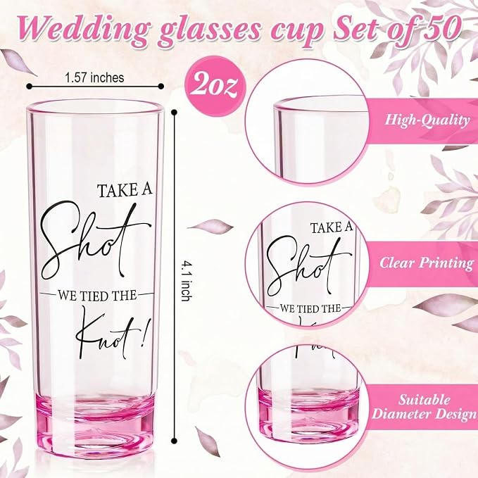 Sliner 50 Set Wedding Favors for Guests Bulk 2oz Acrylic Take a Shot We Tied the Knot Shot Glasses with Thank You Cards Organza Bags for Guest Souvenirs Wedding Newlyweds Bridal Shower Gifts (Pink)