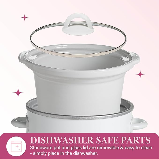Paris Hilton 3.5-Quart Manual Slow Cooker, Naturally Nonstick Stoneware Ceramic Insert, Three Settings (Low, High, Warm), Dishwasher Safe Family Size Slow Cooker, White