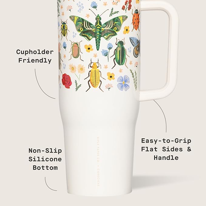 Corkcicle x Rifle Paper Co. Cruiser Insulated Tumbler with Handle & Straw - Keeps Drinks Cold 20 Hours - BPA-Free - Gift for Mom - Great for Mother's Day or Christmas - 40 oz - Curio Cream