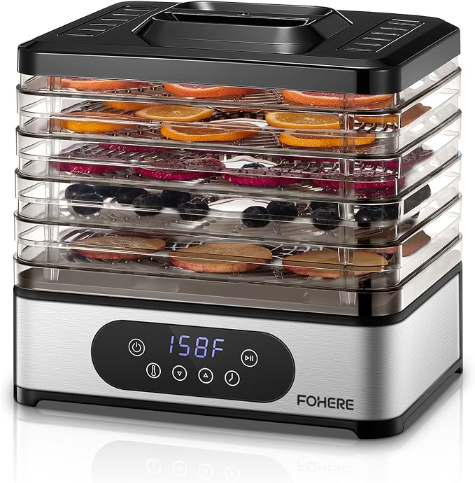 FOHERE Food Dehydrator, 5 BPA-Free Tray Dehydrators for Food and Jerky, Fruit, Herbs, Meat, Dog Treats, 48H Timer and 95-158°F Temperature Control, 400W Dehydrator Machine, 11.42" Stackable Trays