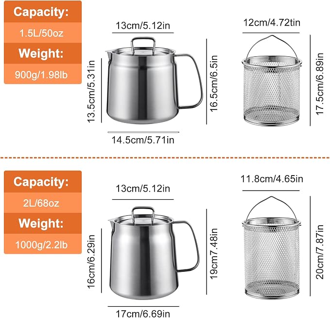 68oz Stainless Steel Oil Filter Pot, Multifunctional 2 in 1 Oil Strainer Pot for Camping, Large Capacity Bacon Grease Saver with Strainer, Kitchen Cooking Oil Container, Mini Deep Fryer with Basket